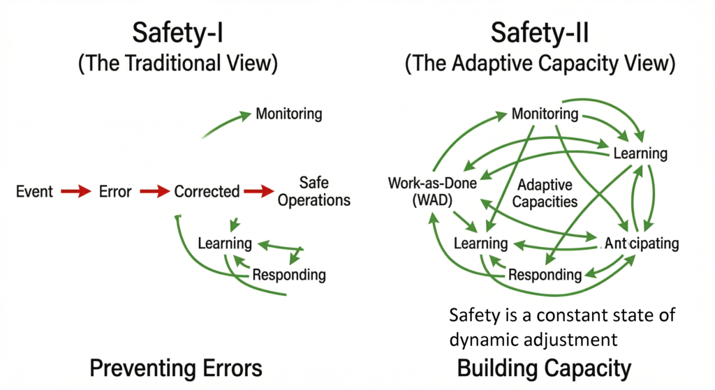 Safety-I ve Safety-II yaklaşımlarının endüstriyel güvenlikteki kavramsal karşılaştırma diyagramı