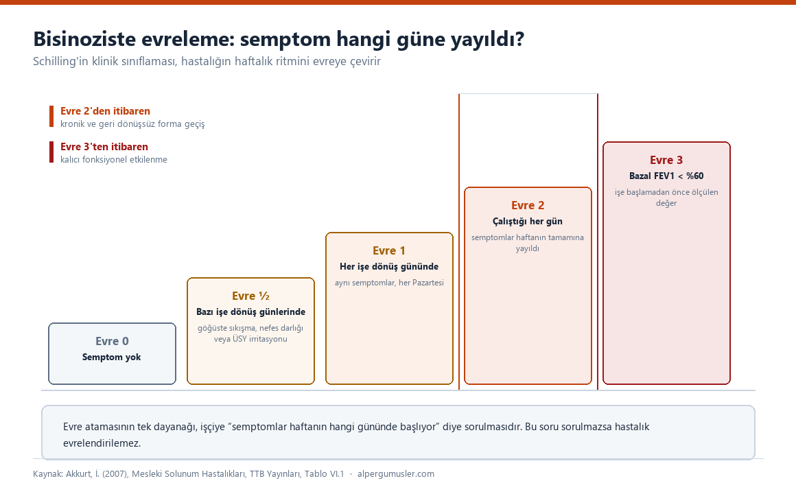 Bisinozis evrelerini gösteren şema: Evre 0 semptom yok, Evre yarım bazı işe dönüş günlerinde, Evre 1 her işe dönüş gününde, Evre 2 çalıştığı her gün, Evre 3 bazal FEV1 yüzde 60'ın altında