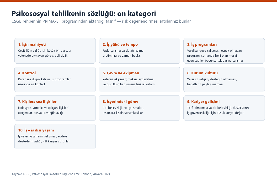 Is kaynakli psikososyal tehlikelerin on kategorisi: isin mahiyeti, is yuku, is programlari, kontrol, cevre, kurum kulturu, iliskiler, gorev, kariyer, is-is disi yasam